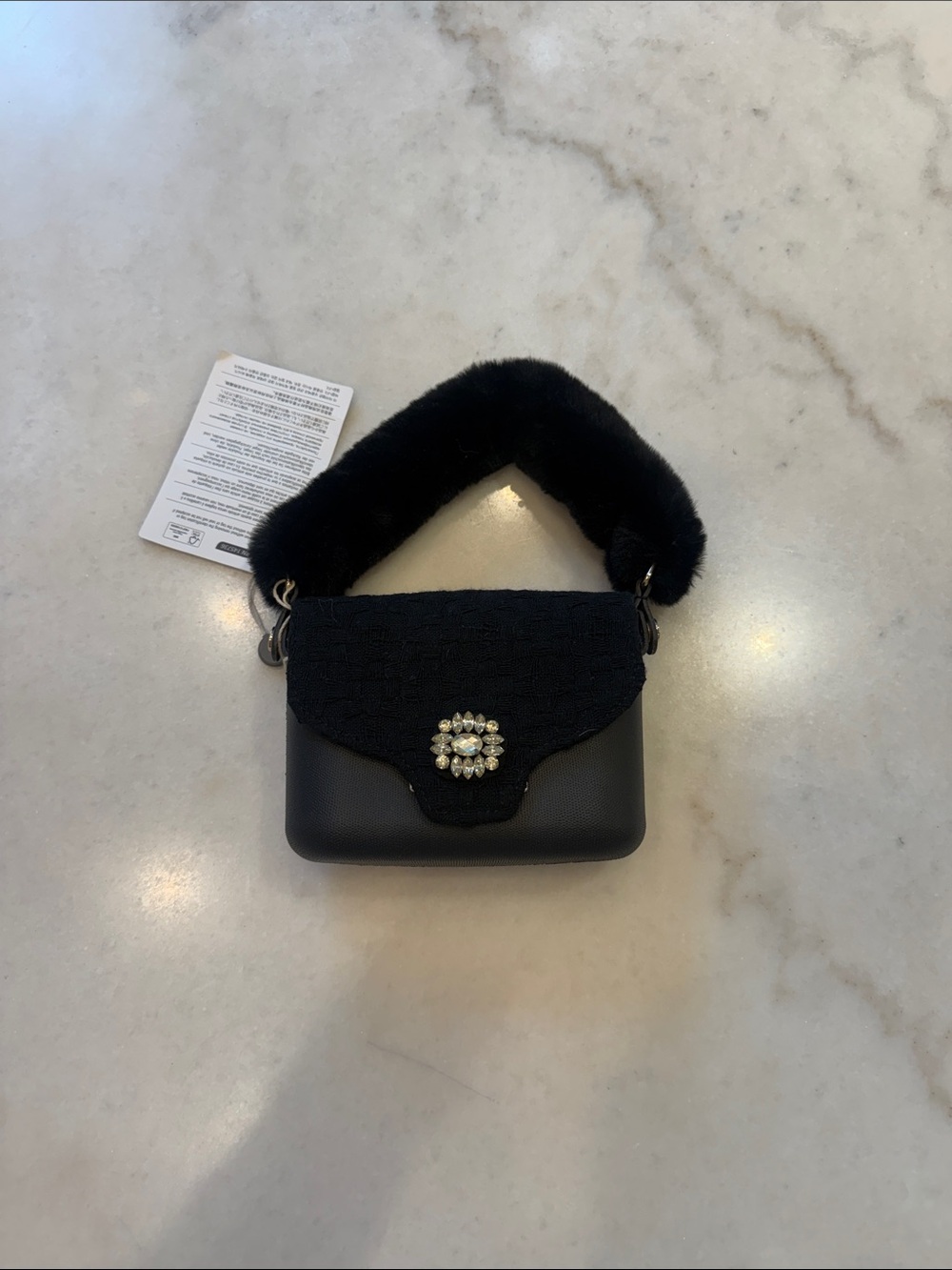 NWT O BAG ITALIA Black Faux-Fur detachable Handle Bag with Jeweled Clasp